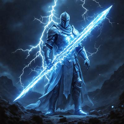 The primary subject of the image is a person dressed in a medieval-style armor, holding a sword. The setting is a dark, stormy sky, which adds to the dramatic atmosphere of the scene. The visual style appears to be a digital art or illustration, with the person and the sword being the main focus of the image. The colors are predominantly dark, with the armor and the sword being the main sources of light, creating a moody and intense mood.