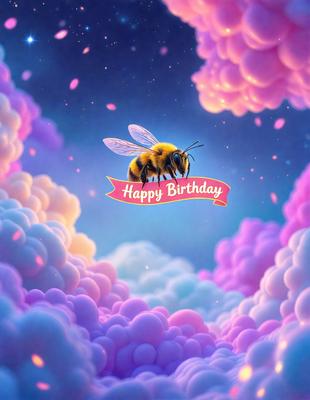 Happy Birthday: [The main object, scene, or focus of the image is a bee with a "Happy Birthday" sign on it, surrounded by a colorful, cloudy background.]

Setting/background: [The environment, backdrop, or surface visible in the image is a colorful, cloudy sky.]

Visual style: [The image is a digital art or illustration, featuring a bee with a "Happy Birthday" sign on it.]

Colors and
