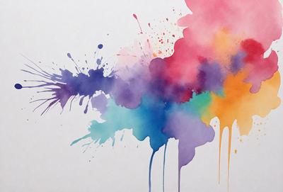 The primary subject of the image is a colorful splash of paint, which is the main focus of the scene. The setting is a white background, which provides a clean and uncluttered environment for the artwork. The visual style of the image is a combination of digital art and illustration, as it features a vibrant and dynamic color palette. The colors and mood of the image are lively and energetic, with the various shades of blue, purple, and pink creating a sense of movement