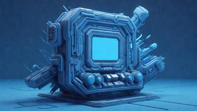 The primary subject of the image is a futuristic computer or electronic device, possibly a television or a control panel, with a blue screen. The setting is a dark room, and the visual style appears to be a digital art or illustration. The colors and mood of the image are predominantly blue, giving it a futuristic and technological atmosphere.