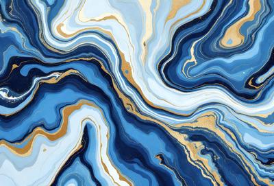The primary subject of the image is a blue and gold swirling pattern, which appears to be a painting or a digital artwork. The setting is a blue and gold background, which complements the swirling pattern. The visual style is a mix of digital art and painting, creating a unique and eye-catching design. The colors and mood of the image are predominantly blue and gold, giving it a warm and vibrant atmosphere.