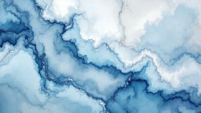 The primary subject of the image is a blue and white painting of a cloudy sky. The setting is a blue background, and the visual style appears to be a digital art or illustration. The dominant colors in the painting are blue and white, creating a serene and calming atmosphere.
