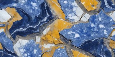 The primary subject of the image is a close-up of a marble surface with a yellow and blue pattern. The setting is a stone wall, and the visual style appears to be a photo. The dominant colors are yellow and blue, creating a vibrant and lively atmosphere.