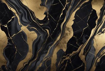 The primary subject of the image is a marble-like surface with gold accents. The setting is a black background, which contrasts with the gold and marble elements. The visual style is a combination of photo and digital art, creating a unique and intricate design. The colors and mood of the image are predominantly black and gold, giving it a luxurious and elegant appearance.