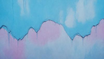 The primary subject of the image is a painting of a mountain with dripping paint, giving it a unique and artistic appearance. The setting is a blue background, which complements the painting. The visual style is a combination of digital art and illustration, creating a striking and creative piece. The colors and mood of the painting are predominantly pink and purple, giving it a warm and inviting atmosphere.