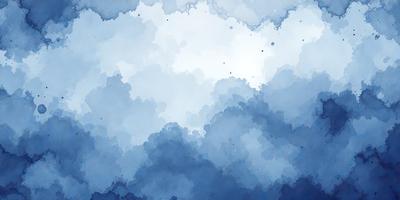 The primary subject of the image is a cloudy blue sky with white clouds. The setting is a vast, open sky, and the visual style is a watercolor painting. The colors and mood of the image are predominantly blue and white, creating a serene and calming atmosphere.