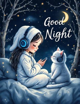 The primary subject of the image is a young girl sitting on a bed, wearing headphones and looking at her cell phone. The setting is a cozy bedroom, with a cat sitting next to her. The visual style is a digital art or illustration, with a warm and inviting atmosphere. The colors are predominantly white, with the girl's headphones and the cat being the main sources of color.