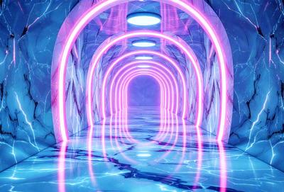 The primary subject of the image is a long, narrow, and brightly lit tunnel with a blue and purple color scheme. The tunnel is illuminated by a series of pink neon lights, creating a unique and visually striking atmosphere. The setting is a futuristic environment, possibly a space station or an underground facility. The visual style of the image is a combination of digital art and illustration, with the neon lights and tunnel design giving it a modern and futuristic appearance. The colors and mood of