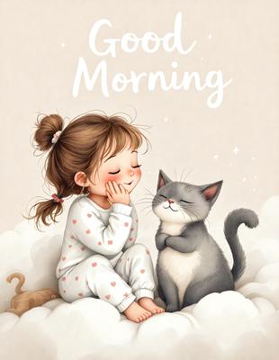 The primary subject of the image is a little girl sitting on a cloud, accompanied by a cat. The setting is a whimsical, cloud-filled environment, which adds a sense of wonder and playfulness to the scene. The visual style is a combination of digital art and illustration, creating a charming and imaginative atmosphere. The dominant colors are soft pastels, such as pink, blue, and white, which contribute to the overall mood of the image, evoking feelings of warmth, comfort, and innoc
