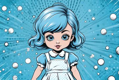The primary subject of the image is a young girl with blue hair, wearing a blue dress and a white apron. She is posing for the camera with a smile on her face. The setting is a brightly colored background, which adds a lively and cheerful atmosphere to the scene. The visual style is a combination of digital art and illustration, creating a vibrant and engaging image. The colors and mood are predominantly blue and cheerful, reflecting the girl's happy demeanor.