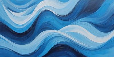 The primary subject of the image is a painting of a blue ocean with waves. The setting is a blue background, and the visual style appears to be a digital art or illustration. The dominant colors in the painting are blue and white, creating a serene and calming atmosphere.