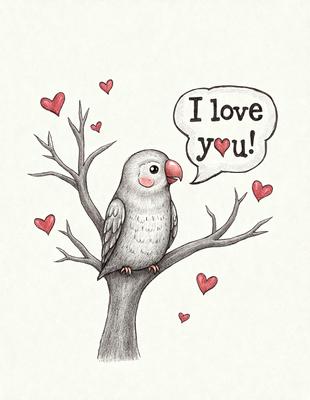 The image features a cute bird perched on a tree branch. The bird is surrounded by hearts, which adds a playful and loving atmosphere to the scene. The visual style of the image is a combination of drawing and digital art, creating a unique and charming illustration. The primary subject of the image is the bird, and the setting is a tree with a heart-filled background.
