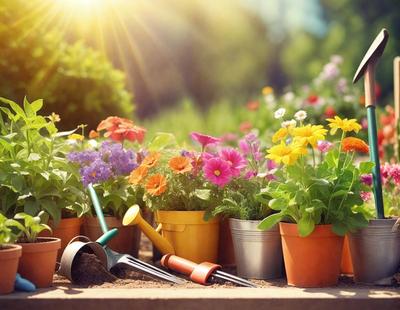 The primary subject of the image is a garden with various potted plants and flowers. The setting is a garden with a dirt ground, and the visual style is a photo. The colors and mood of the image are vibrant and lively, with the potted plants and flowers adding a sense of life and beauty to the scene.