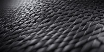 The primary subject of the image is a black and white patterned fabric. The setting is a dark background, which contrasts with the patterned fabric. The visual style is a close-up of the fabric, showcasing its intricate design. The colors and mood of the image are predominantly dark, with the black and white pattern creating a sense of depth and complexity.