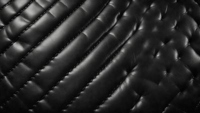 The primary subject of the image is a black leather couch. The setting is a room with a black background, which creates a dramatic and moody atmosphere. The visual style is a close-up of the couch, showcasing its texture and details. The colors are predominantly black, giving the scene a bold and striking appearance.