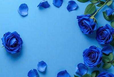 The primary subject of the image is a group of blue flowers, which are scattered across a blue background. The setting appears to be a studio or a controlled environment, as the flowers are arranged in a circular pattern. The visual style of the image is a combination of photo and digital art, creating a vibrant and visually appealing scene. The dominant colors in the image are blue and purple, giving the scene a calm and serene atmosphere.