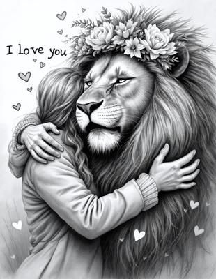 The primary subject of the image is a woman hugging a lion. The lion is wearing a floral crown, and the woman is wearing a white sweater. The setting is a grassy area, and the visual style is a drawing or illustration. The colors are predominantly white and pink, creating a warm and affectionate atmosphere.