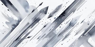 The primary subject of the image is a collection of arrows, which are the main objects in the scene. The setting is a cloudy sky, and the visual style is a watercolor painting. The colors and mood of the image are predominantly gray and moody, creating a dramatic atmosphere.