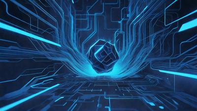 The primary subject of the image is a large, blue, geometric shape, which appears to be a cube or a sphere. The setting is a futuristic, digital environment, with a backdrop of a blue, wavy, and interconnected network of lines. The visual style is a combination of digital art and illustration, creating a unique and intriguing scene. The dominant colors are blue and black, giving the image a futuristic and technological mood.