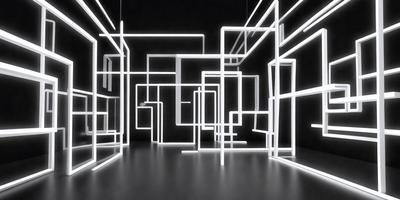 The primary subject of the image is a series of white, illuminated, geometric shapes or cubes. These shapes are arranged in a way that creates a visually striking and unique pattern. The setting is a dark room, which contrasts with the bright, white light emanating from the geometric shapes. The visual style of the image is a combination of digital art and illustration, as the shapes are created using light and shadows. The overall atmosphere of the image is one of intrigue and artistic expression.