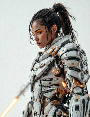 The primary subject of the image is a woman wearing a futuristic, metallic outfit. She is the main focus of the scene. The setting is a white background, which provides a clean and minimalistic environment. The visual style is a combination of digital art and illustration, creating a unique and intriguing appearance. The colors and mood of the image are predominantly white and futuristic, giving the scene a sense of modernity and innovation.