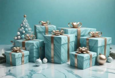 The primary subject of the image is a collection of six blue and gold gift boxes, each with a bow on top. The setting is a blue background, which creates a visually appealing contrast with the gift boxes. The visual style is a combination of photo and digital art, as the boxes are presented in a clean and organized manner. The colors and mood of the image are predominantly blue and gold, giving the scene a festive and elegant appearance.