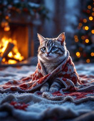 The primary subject of the image is a cat sitting on a blanket. The cat is wrapped in a blanket, giving it a cozy and warm appearance. The setting is indoors, with a fireplace in the background, creating a warm and inviting atmosphere. The visual style is a photo, capturing the cat in its natural environment. The colors and mood of the image are predominantly warm and comforting, with the cat's fur and the blanket providing a sense of warmth and relaxation.