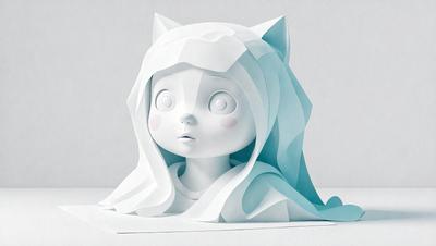 The primary subject of the image is a white paper doll with a blue scarf, which is sitting on a white surface. The setting is a simple background, and the visual style appears to be a combination of digital art and illustration. The colors and mood of the image are predominantly white and blue, giving it a calm and serene atmosphere.