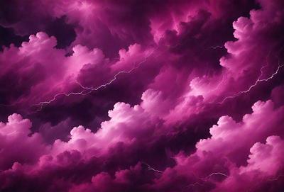 The primary subject of the image is a purple cloudy sky with lightning streaks. The setting is a purple cloudy sky with lightning streaks, and the visual style is a photo. The dominant colors and overall atmosphere are purple and cloudy, with a sense of movement and energy due to the lightning streaks.