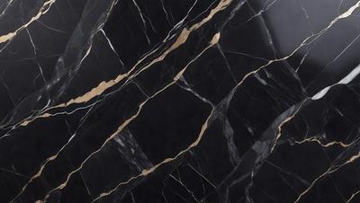 The primary subject of the image is a marble countertop with a gold-colored pattern. The setting is a kitchen, and the visual style is a close-up of the marble countertop. The colors and mood of the image are predominantly black and gold, giving it a luxurious and elegant appearance.