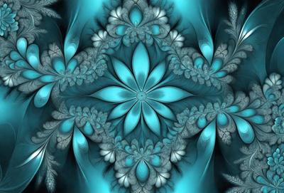 The primary subject of the image is a blue and white flower pattern. The setting is a blue background, which adds to the overall visual style. The image is a digital art or illustration, showcasing a detailed and intricate design. The dominant colors are blue and white, creating a calm and serene atmosphere.