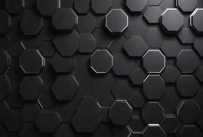 The primary subject of the image is a black and white patterned wall. The setting is a black background, and the visual style is a close-up of the pattern. The dominant colors are black and white, creating a bold and striking atmosphere.