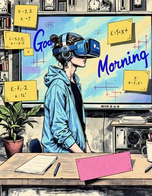 The primary subject of the image is a woman wearing a blue hoodie and a pair of headphones, likely using a virtual reality headset. She is sitting in front of a computer desk with a pink notebook and a cup of coffee. The setting is an office environment, with a TV mounted on the wall and a bookshelf filled with books. The visual style is a combination of digital art and illustration, creating a vibrant and engaging scene. The colors and mood of the image are warm