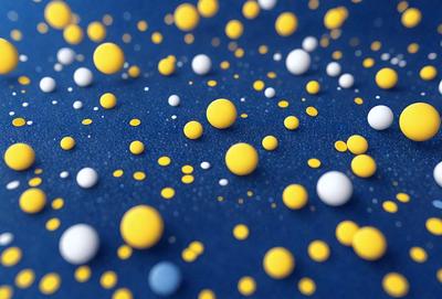The primary subject of the image is a blue surface with yellow and white bubbles scattered across it. The setting appears to be a blue background, and the visual style is a close-up of the bubbles on the surface. The colors and mood of the image are predominantly blue and yellow, creating a vibrant and lively atmosphere.