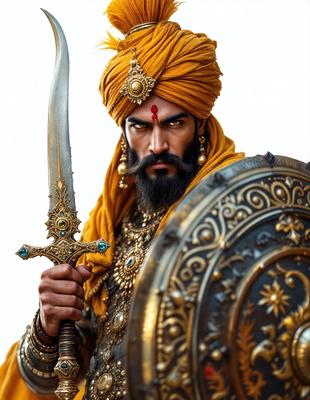 The primary subject of the image is a man dressed in yellow and gold, holding a sword. He is wearing a turban and has a beard. The setting is a white background, which provides a clean and uncluttered look to the image. The visual style is a combination of photo and digital art, creating a realistic yet artistic representation of the man. The colors and mood of the image are warm and vibrant, with the yellow and gold clothing and the white background creating a sense of brightness and