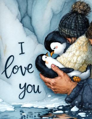 The primary subject of the image is a woman holding two baby penguins. The setting is a snowy environment, with the woman and penguins standing in front of a large ice wall. The visual style is a combination of digital art and illustration, creating a warm and cozy atmosphere. The colors are predominantly white and blue, with the woman's clothing and the penguins' fur being white, and the snow and ice being blue.