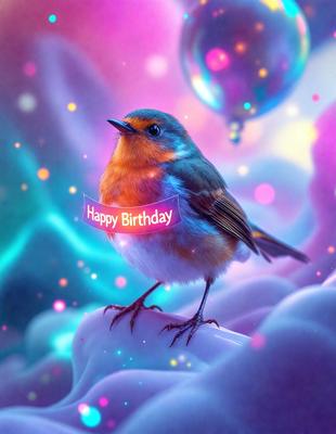 The primary subject of the image is a small bird, which is the main focus of the scene. The bird is perched on a cloud-like surface, which serves as the background. The visual style of the image is digital art, as it appears to be a computer-generated or digitally manipulated image. The colors and mood of the image are vibrant and lively, with the bird being the center of attention.
