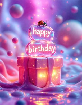 The primary subject of the image is a birthday cake with a ladybug on top. The cake is placed on a pink surface, which adds a vibrant and festive touch to the scene. The visual style of the image is a combination of photo and digital art, creating a unique and eye-catching presentation. The colors and mood of the image are predominantly pink, which is associated with celebration and joy.