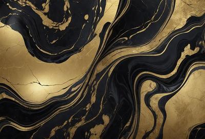 The primary subject of the image is a marble-like surface with gold and black swirls. The setting is a black and gold marble-like surface, which appears to be a patterned wallpaper or a decorative wall. The visual style is a combination of a photo and digital art, creating a unique and eye-catching design. The colors and mood of the image are predominantly black and gold, giving it a luxurious and elegant appearance.
