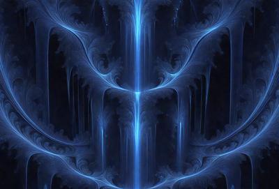 The primary subject of the image is a blue, swirling, and flowing pattern that resembles a waterfall or a fountain. The setting is a dark background, which contrasts with the vibrant blue color of the pattern. The visual style appears to be a digital art or illustration, as the pattern is intricate and detailed. The colors and mood of the image are predominantly blue, creating a serene and calming atmosphere.