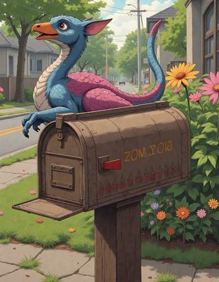 Primary subject: A blue and pink dragon sitting on a mailbox.

Setting/background: A street with a mailbox, a car, and a house in the background.

Visual style: Digital art.

Colors and mood: The dragon is blue and pink, creating a whimsical and playful atmosphere.