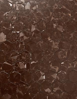 The primary subject of the image is a close-up of a marble tile pattern. The setting is a brown marble surface, which adds a rich and luxurious feel to the scene. The visual style is a close-up of the tile pattern, showcasing the intricate details of the marble. The colors and mood of the image are predominantly brown, giving it a warm and sophisticated atmosphere.