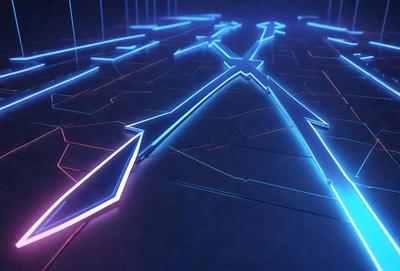 The primary subject of the image is a blue and red neon light display. The setting is a dark room with a blue background. The visual style is a digital art or illustration, featuring a pattern of blue and red neon lights. The colors and mood of the image are predominantly blue and red, creating a vibrant and energetic atmosphere.