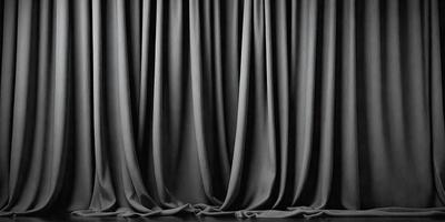 The primary subject of the image is a curtain, which is the main object in the scene. The curtain is hanging in front of a black background, creating a dramatic and moody atmosphere. The visual style of the image is a photo, capturing the details of the curtain and its surroundings. The colors in the image are predominantly black, with the curtain being the main focus and the background providing a contrasting element.