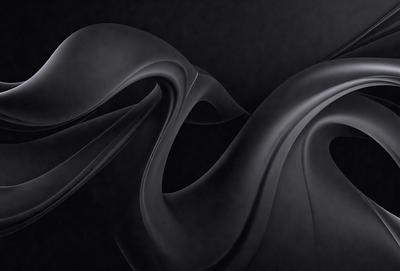 The primary subject of the image is a black and white abstract art piece, featuring a curved and twisted design. The setting is a dark background, which emphasizes the artwork's shape and form. The visual style is a combination of digital art and illustration, creating a unique and intriguing composition. The colors and mood of the image are predominantly dark and moody, with the black and white color scheme adding to the dramatic atmosphere.