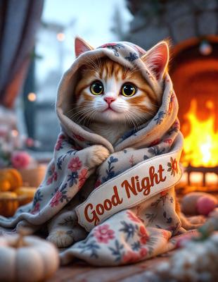 The primary subject of the image is a small, fluffy, orange and white cat. The cat is wrapped in a blanket, sitting on a surface that appears to be a bed. The setting is indoors, with a fireplace in the background. The visual style is a combination of photo and digital art, creating a warm and cozy atmosphere. The dominant colors are orange and white, with the cat's fur and the blanket providing a sense of comfort and relaxation.