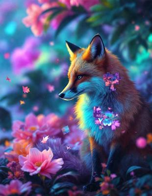 The primary subject of the image is a fox sitting in a field of flowers. The setting is a colorful, vibrant environment with a mix of pink and purple flowers. The visual style is a digital art or illustration, creating a whimsical and lively atmosphere. The dominant colors and overall mood of the image are bright, cheerful, and full of life.