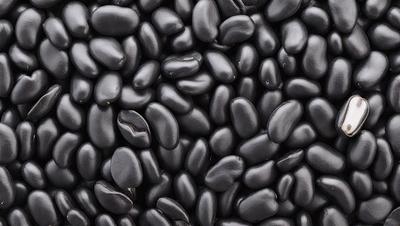 The primary subject of the image is a close-up of a large black bean. The setting is a black and white background, which gives the image a classic and timeless feel. The visual style is a close-up of a bean, emphasizing its texture and details. The colors and mood of the image are predominantly black and white, creating a sense of simplicity and elegance.