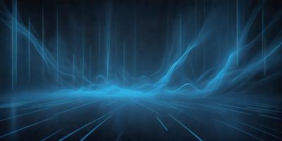 The primary subject of the image is a blue, swirling, and flowing pattern. The setting is a dark room with a blue background, creating a moody atmosphere. The visual style is a digital art or illustration, with the blue pattern resembling a waterfall or a flowing river. The colors and mood of the image are predominantly blue, creating a sense of calmness and tranquility.