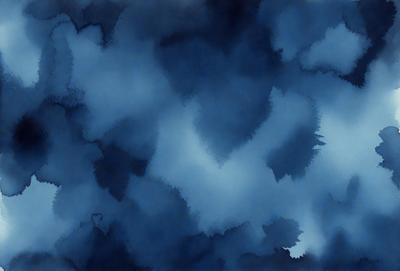 The primary subject of the image is a blue cloudy sky with a few white clouds. The setting is a blue background, and the visual style is a painting or drawing. The colors and mood of the image are predominantly blue and cloudy, creating a serene and peaceful atmosphere.